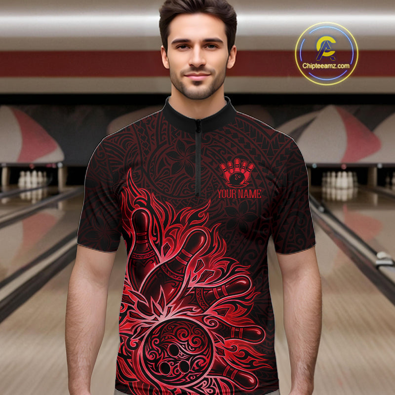 Male bowler wearing Red Tribal Bowling Ball bowling shirt, custom tournament bowling jersey