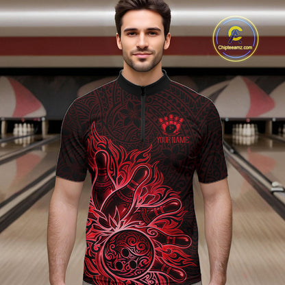 Male bowler wearing Red Tribal Bowling Ball bowling shirt, custom tournament bowling jersey