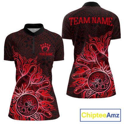 Red Tribal Pattern Bowling Ball women's bowling quarter zip shirt, personalized bowling league uniform