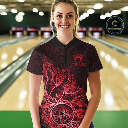 Female bowler wearing Red Tribal Bowling Ball bowling shirt, custom tournament bowling jersey