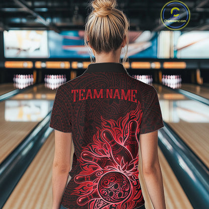 Female bowler wearing Red Tribal Bowling Ball bowling shirt, custom tournament bowling jersey