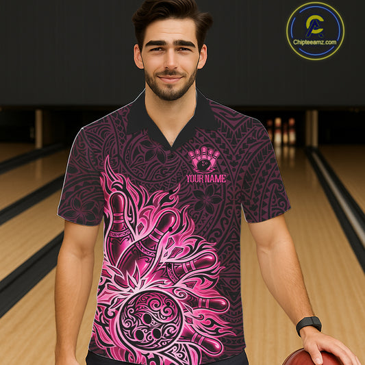 Male and female models wearing Pink Tribal Pattern bowling Hawaiian shirts, vibrant tropical bowling apparel, custom button-up league uniforms symbolizing creativity, confidence, friendship, positivity and team unity