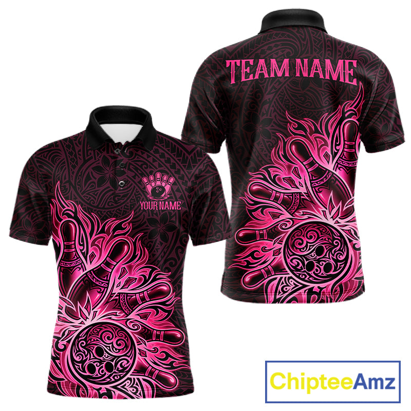 Pink Tribal Pattern Bowling Ball men's bowling polo shirt, custom tribal bowling team shirt, personalized bowling jersey