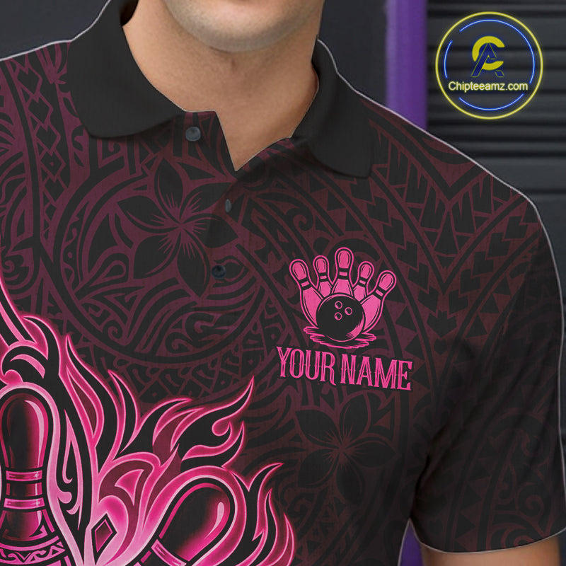 Male bowler wearing Pink Tribal Bowling Ball bowling jersey, men's bowling league apparel