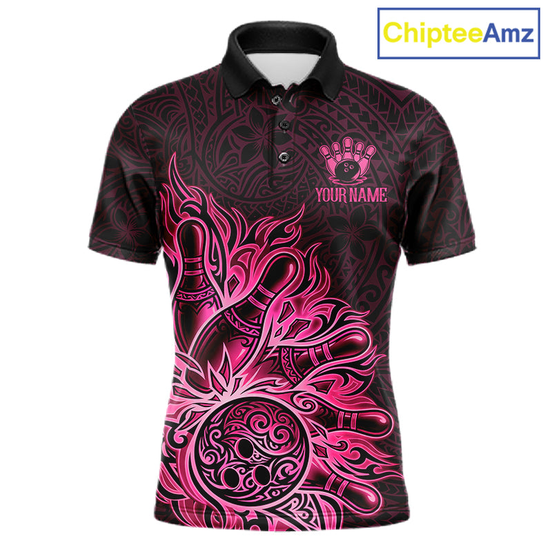 Pink Tribal Pattern Bowling Ball men's bowling polo shirt, custom tribal bowling team shirt, personalized bowling jersey