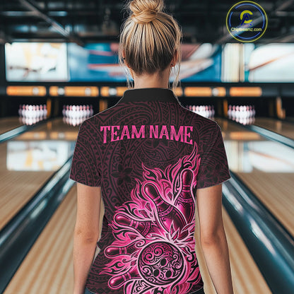 Female bowler wearing Pink Tribal Bowling Ball bowling jersey, women's bowling league apparel