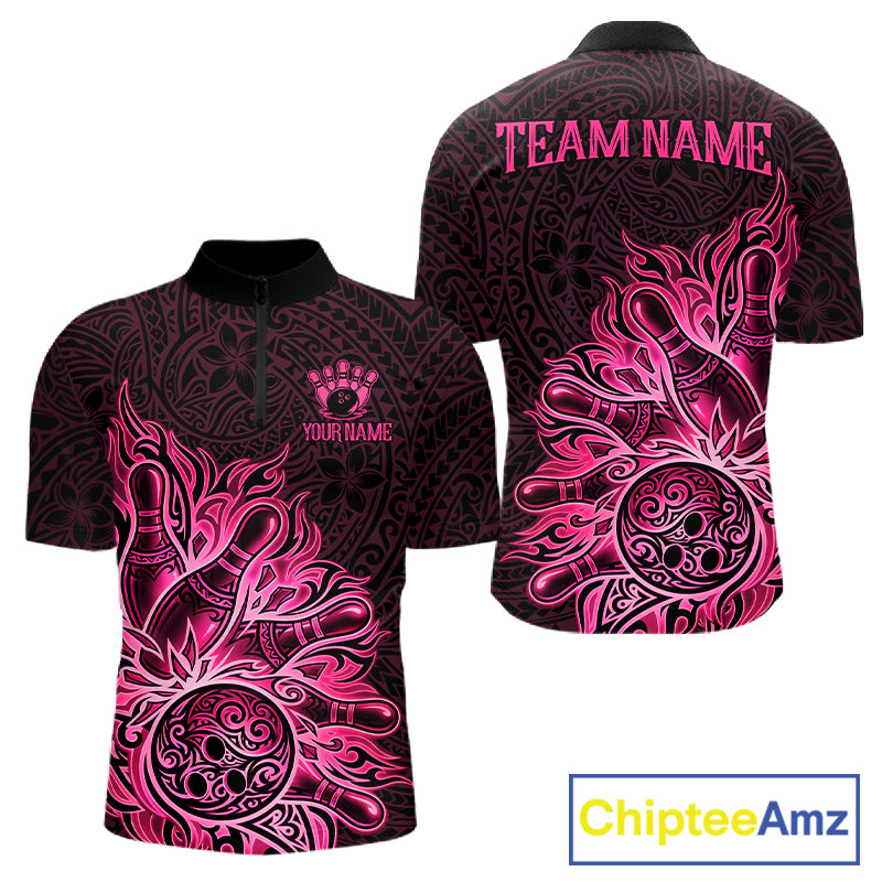 Pink Tribal Pattern Bowling Ball men's bowling quarter zip shirt, custom league bowling uniform