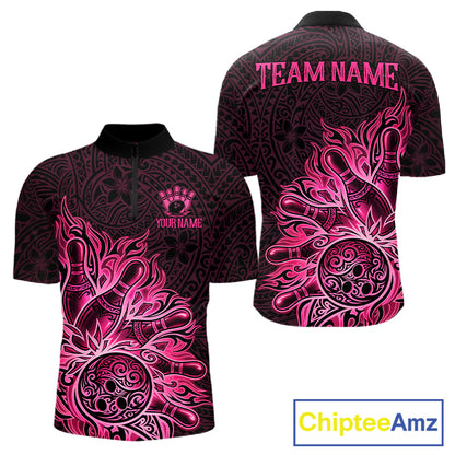 Pink Tribal Pattern Bowling Ball men's bowling quarter zip shirt, custom league bowling uniform