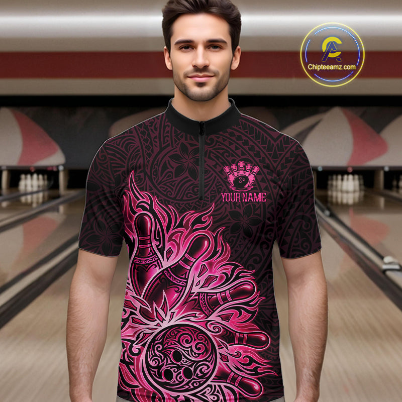 Male bowler wearing Pink Tribal Bowling Ball bowling jersey, men's bowling league apparel