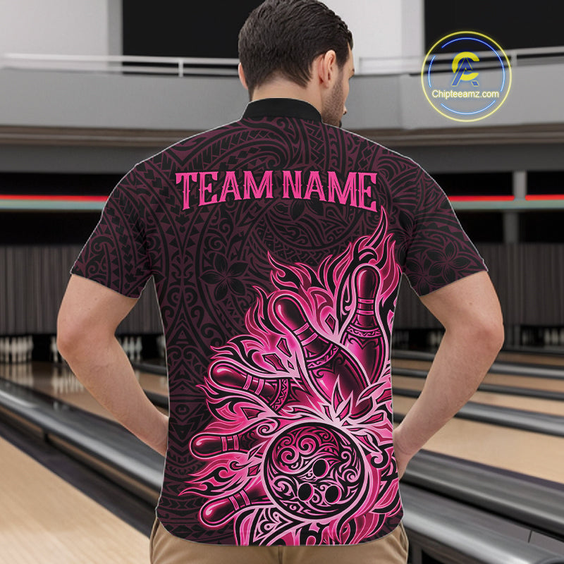 Male bowler wearing Pink Tribal Bowling Ball bowling jersey, men's bowling league apparel