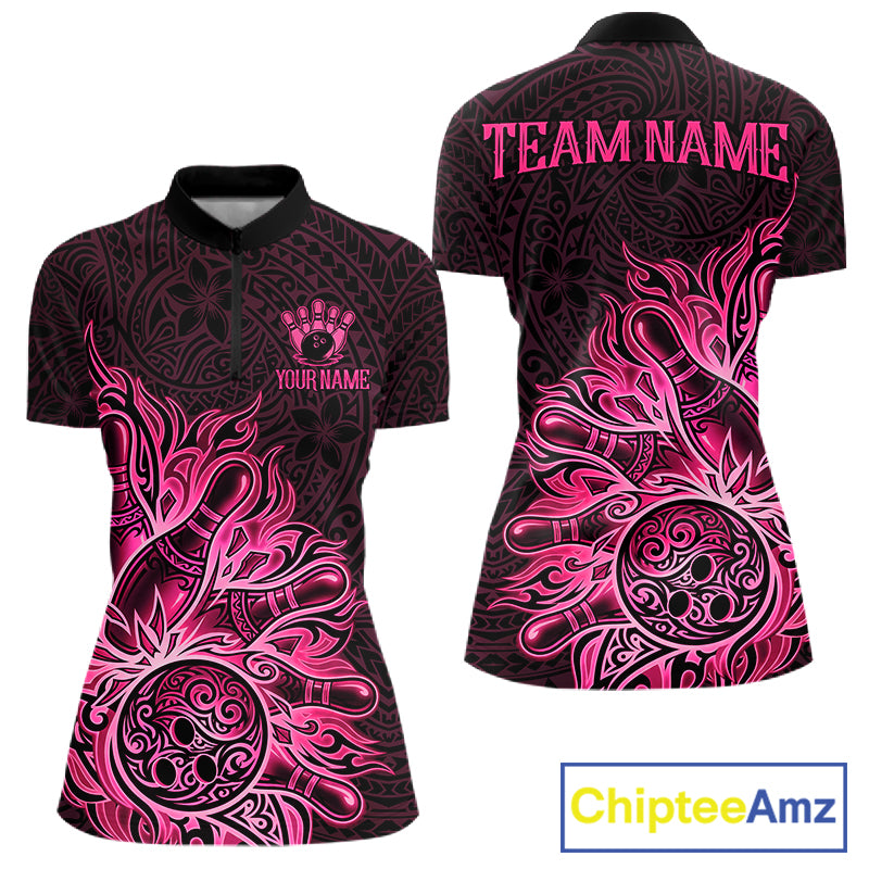 Pink Tribal Pattern Bowling Ball women's bowling quarter zip shirt, custom league bowling uniform