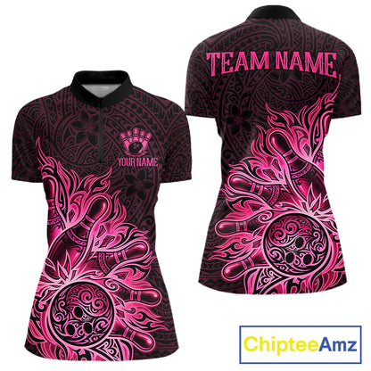 Pink Tribal Pattern Bowling Ball women's bowling quarter zip shirt, custom league bowling uniform