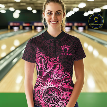 Female bowler wearing Pink Tribal Bowling Ball bowling jersey, women's bowling league apparel