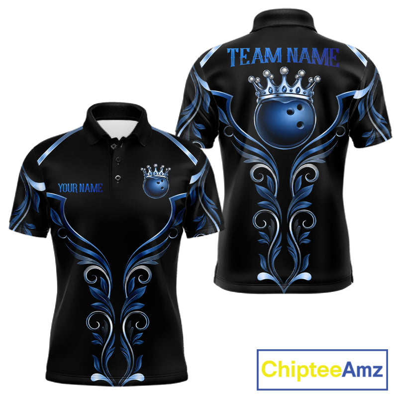 Black and Blue Tribal Crown Bowling Ball men's bowling polo shirt, custom bowling team jersey, league apparel