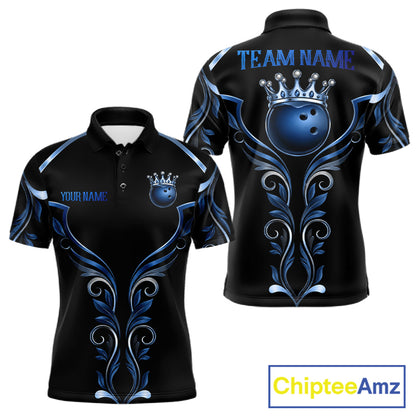 Black and Blue Tribal Crown Bowling Ball men's bowling polo shirt, custom bowling team jersey, league apparel
