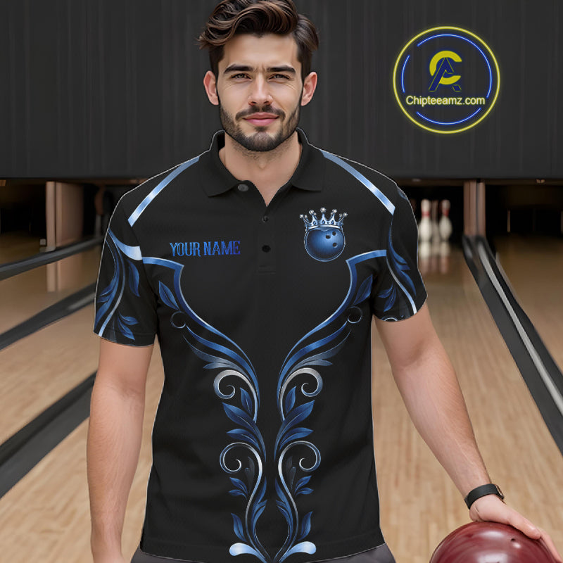 Male bowler wearing Tribal Crown Bowling Ball bowling jersey, personalized bowling apparel