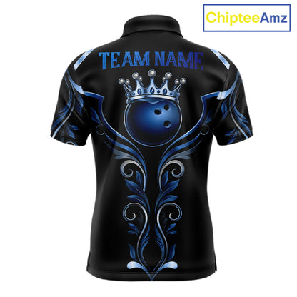 Black and Blue Tribal Crown Bowling Ball men's bowling polo shirt, custom bowling team jersey, league apparel