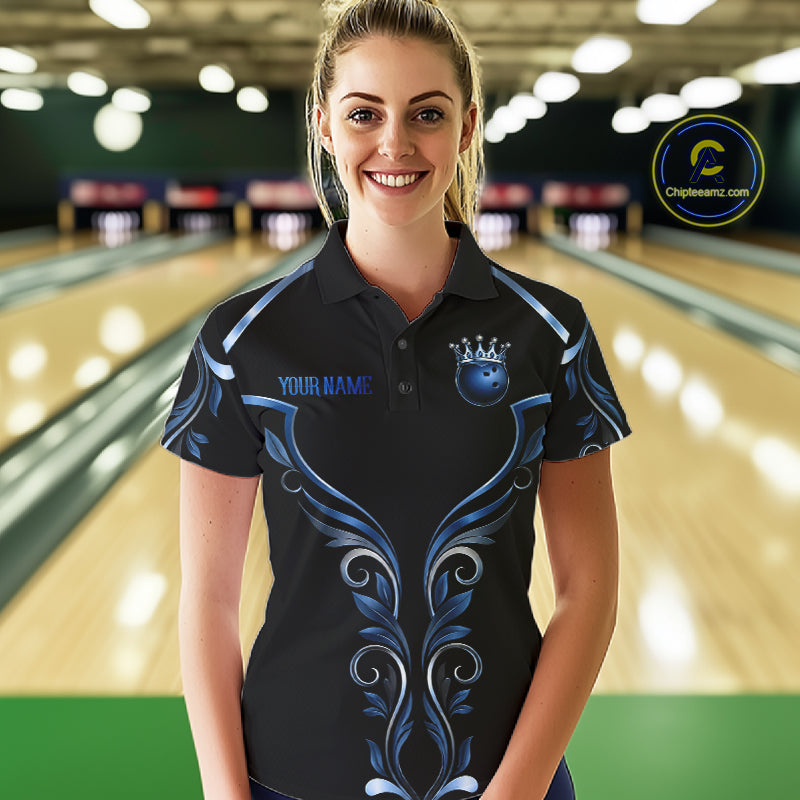 Female bowler wearing Tribal Crown Bowling Ball bowling jersey, personalized bowling apparel