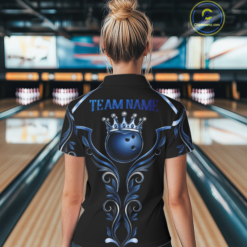 Female bowler wearing Tribal Crown Bowling Ball bowling jersey, personalized bowling apparel