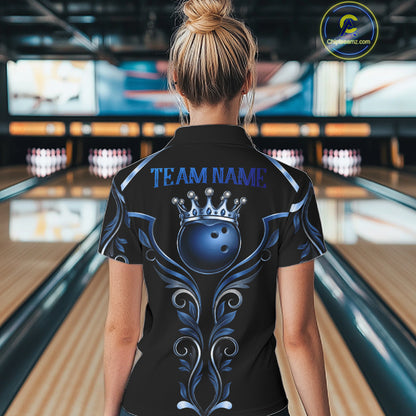 Female bowler wearing Tribal Crown Bowling Ball bowling jersey, personalized bowling apparel