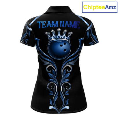 Black and Blue Tribal Crown Bowling Ball women's bowling polo shirt, custom bowling team jersey, league apparel