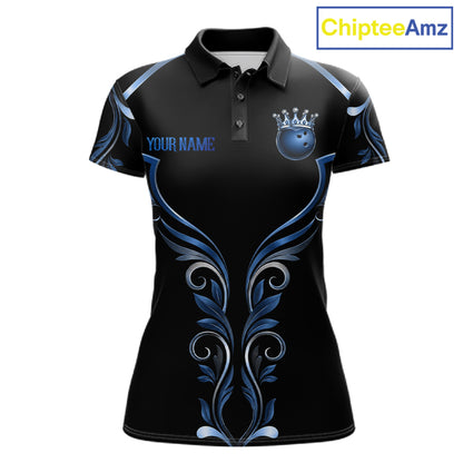 Black and Blue Tribal Crown Bowling Ball women's bowling polo shirt, custom bowling team jersey, league apparel