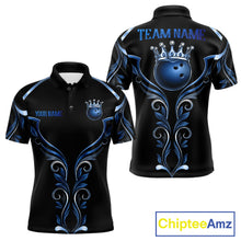 Load image into Gallery viewer, Black and Blue Tribal Crown Bowling Ball men's bowling polo shirt, custom bowling team jersey, league apparel