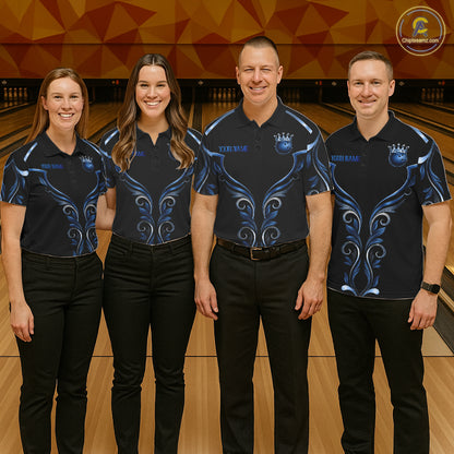 Men women bowling team wearing Black and Blue Tribal Crown Bowling Ball bowling uniforms