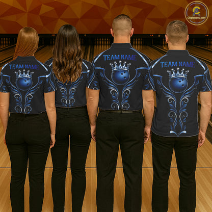 Men women bowling team wearing Black and Blue Tribal Crown Bowling Ball bowling uniforms
