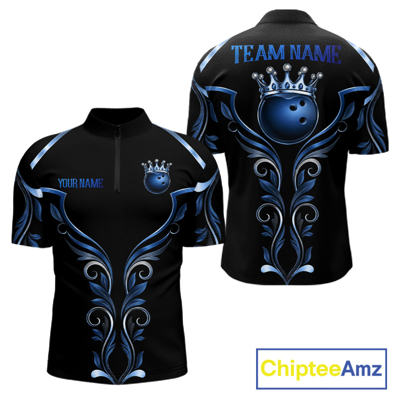 Black and Blue Tribal Crown Bowling Ball men's bowling quarter zip shirt, custom bowling uniform