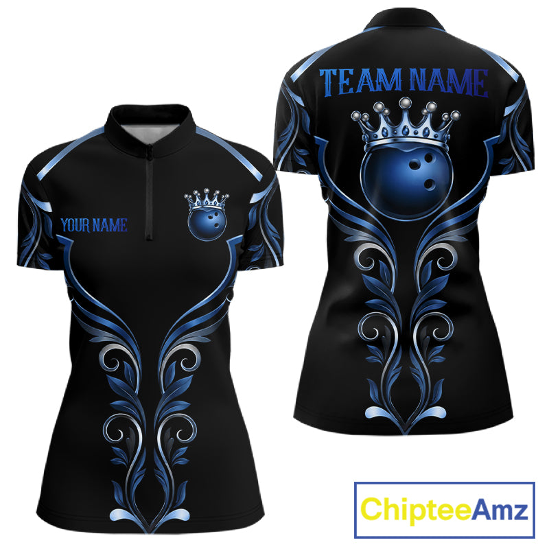 Black and Blue Tribal Crown Bowling Ball women's bowling quarter zip shirt, custom bowling uniform