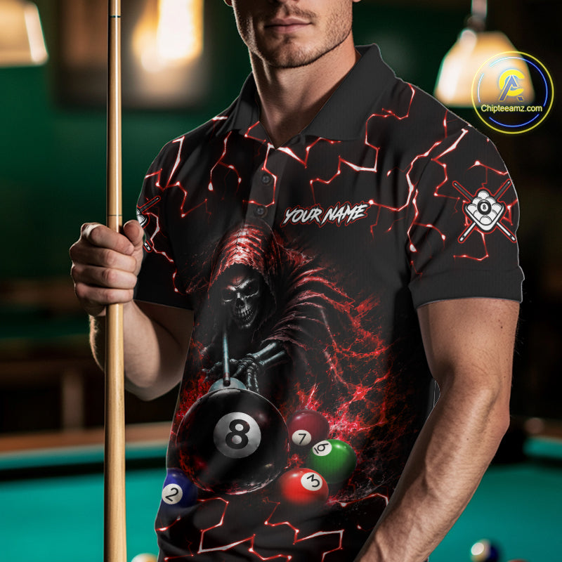 Male bowler wearing Lightning Red Grim Reaper bowling jersey, custom skull bowling shirt, league tournament apparel