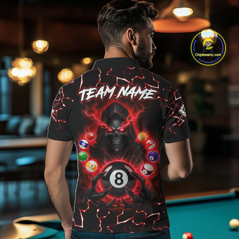 Male bowler wearing Lightning Red Grim Reaper bowling jersey, custom skull bowling shirt, league tournament apparel