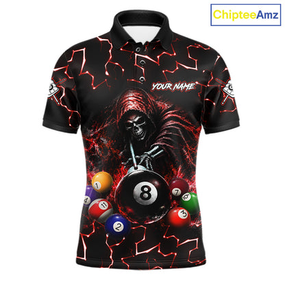 Lightning Red Grim Reaper men's bowling polo shirt, custom skull bowling team jersey, personalized league bowling uniform, tournament bowling apparel