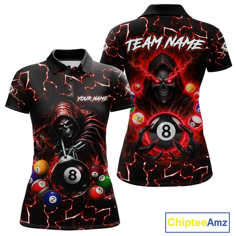 Lightning Red Grim Reaper women's bowling polo shirt, custom skull bowling team jersey, personalized bowling uniform