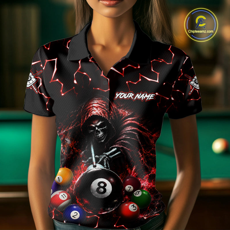Female bowler wearing Lightning Red Grim Reaper bowling jersey, custom skull bowling shirt