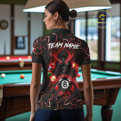Female bowler wearing Lightning Red Grim Reaper bowling jersey, custom skull bowling shirt