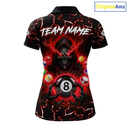 Lightning Red Grim Reaper women's bowling polo shirt, custom skull bowling team jersey, personalized bowling uniform