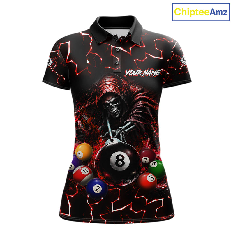 Lightning Red Grim Reaper women's bowling polo shirt, custom skull bowling team jersey, personalized bowling uniform