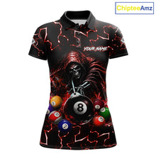 Load image into Gallery viewer, Lightning Red Grim Reaper women's bowling polo shirt, custom skull bowling team jersey, personalized bowling uniform