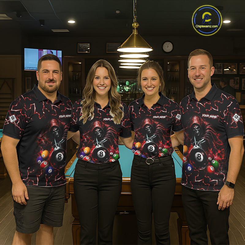 Men women bowling team wearing Lightning Red Grim Reaper custom bowling jerseys, personalized league uniforms