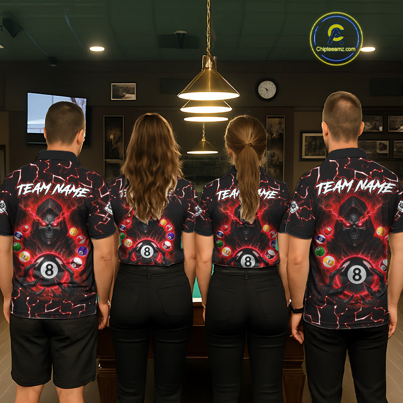 Men women bowling team wearing Lightning Red Grim Reaper custom bowling jerseys, personalized league uniforms