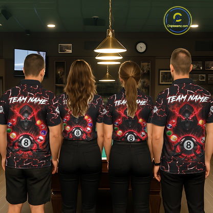 Men women bowling team wearing Lightning Red Grim Reaper custom bowling jerseys, personalized league uniforms