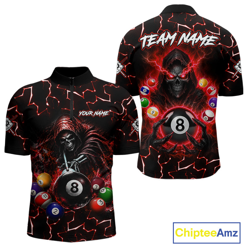 Lightning Red Grim Reaper men's bowling quarter zip shirt, skull bowling jersey, custom bowling team apparel, professional bowling uniform