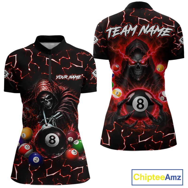 Lightning Red Grim Reaper women's bowling quarter zip shirt, skull bowling jersey, custom bowling team apparel
