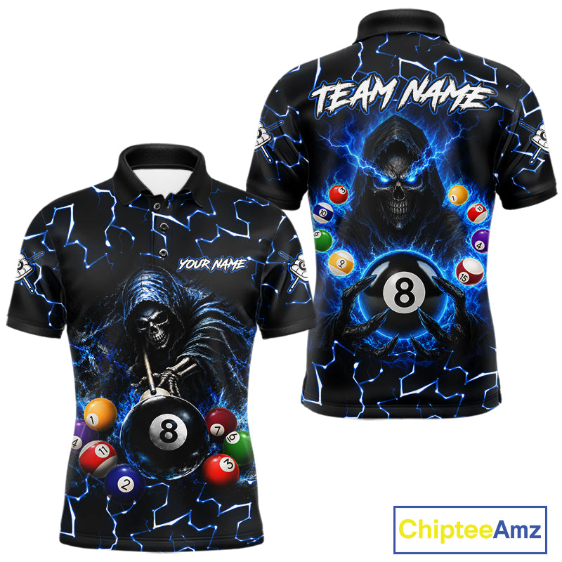 Lightning Blue Grim Reaper men's bowling polo shirt, custom skull bowling team jersey, personalized bowling league apparel