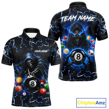 Lightning Blue Grim Reaper men's bowling polo shirt, custom skull bowling team jersey, personalized bowling league apparel