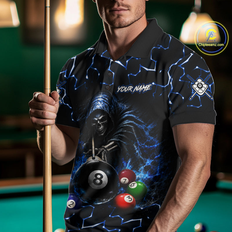 Male bowler wearing Lightning Blue Grim Reaper bowling shirt, custom bowling team jersey, league uniform