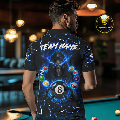 Male bowler wearing Lightning Blue Grim Reaper bowling shirt, custom bowling team jersey, league uniform
