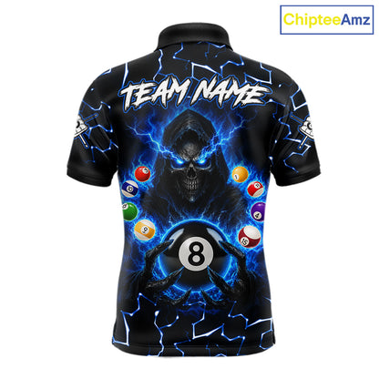 Lightning Blue Grim Reaper men's bowling polo shirt, custom skull bowling team jersey, personalized bowling league apparel